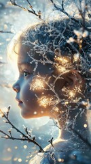 Aufkleber - Child illuminated with branches and soft light in a wintery setting during golden hour