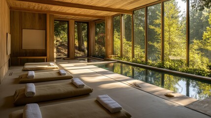 Poster - Serene spring wellness retreat features peaceful indoor pool and relaxation areas surrounded by nature