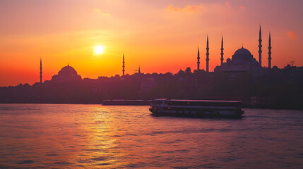 Aufkleber - Breathtaking sunset over the iconic skyline of Istanbul featuring the silhouetted domes and minarets of historic mosques reflected in the calm waters of the Bosphorus