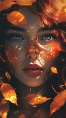 Poster - Serene portrait of a woman surrounded by autumn leaves in soft sunlight capturing tranquility and warmth