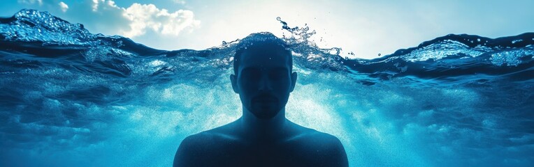 Poster - Portrait of a man illuminated by sunlight underwater in a calm setting