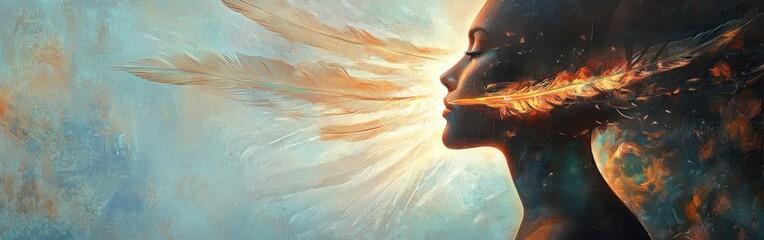 Poster - Profile of a poet illuminated by glowing feathers in a tranquil setting at twilight