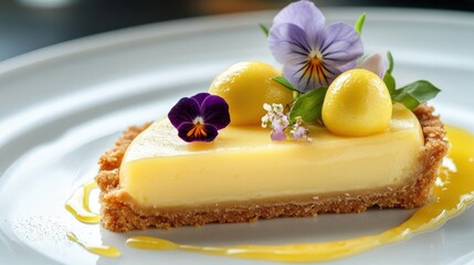 Aufkleber - Refreshing lemon tart garnished with edible flowers showcases vibrant flavors in a gourmet dessert
