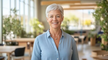 Aufkleber - Professional middle-aged woman in business attire smiling confidently in a contemporary office environment