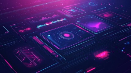 Fototapete - Futuristic digital interface with vibrant colors showcasing data analysis and technology trends for creative projects. Generative AI