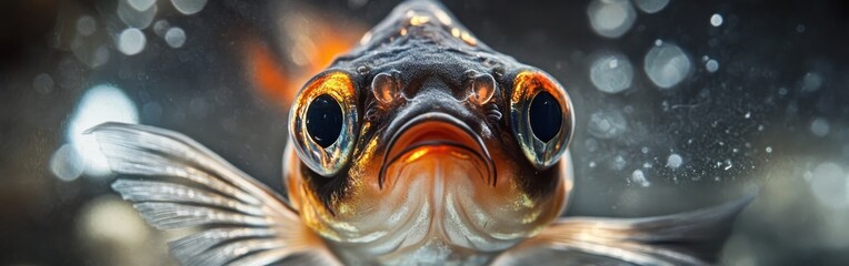 Poster - Close-up exploration of a goldfish face showcasing vibrant colors and intricate details during aquarium observation