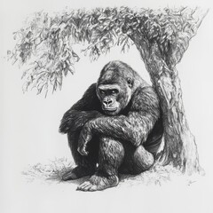 Poster - Gorilla resting under tree with thoughtful expression in its natural habitat