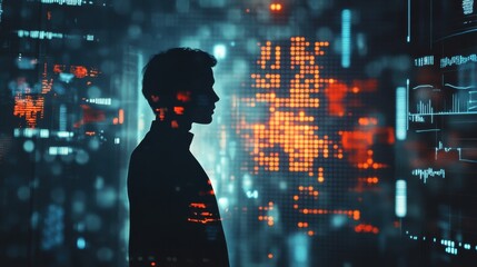 Poster - Glowing silhouette of a robo-advisor amidst a digital landscape of data and analytics at dusk