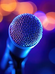 Poster - Close up of a microphone surrounded by vibrant colors at a performance venue in the evening. Generative AI