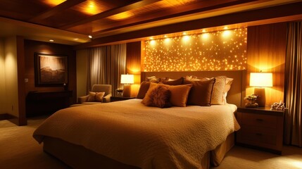 Aufkleber - Cozy bedroom with warm bedside lamps glowing softly and a stylish decor inviting relaxation in the evening