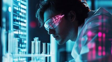 Poster - Conceptual representation of a glowing scientist examining lab equipment in a high-tech laboratory environment