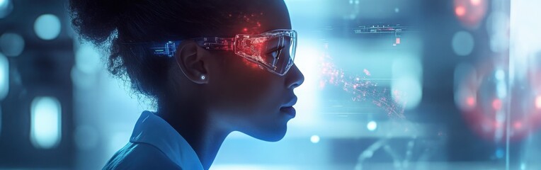 Poster - Innovative scientist engaged in research illuminated by digital elements in a laboratory setting