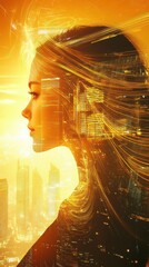Poster - Woman glowing with city skyline overlay at sunset, symbolizing urban energy and inspiration