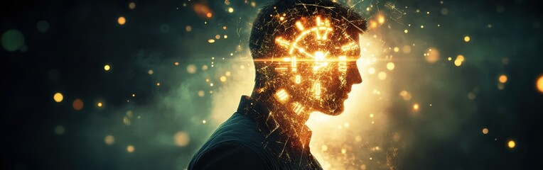 Aufkleber - Conceptual representation of a glowing man signifying enlightenment and creativity in a dark, mystical environment