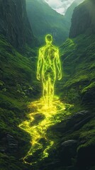 Poster - Conceptual representation of a glowing figure walking through a mystical canyon surrounded by nature