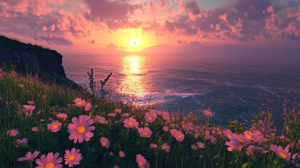 Poster - Coastal cliffside view at dawn reveals tranquil ocean splendor and blooming wildflowers
