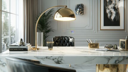 Poster - Chic workspace featuring a marble desk and stylish decor for a productive environment