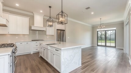 Fototapete - Bright and modern kitchen with marble countertops and open living space showcasing elegant design