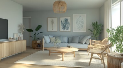 Aufkleber - Scandinavian living room featuring pale blue tones with natural decor and cozy furnishings in bright daylight