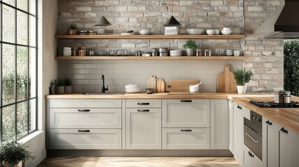 Wall Mural - Scandinavian-inspired cooking space featuring pale gray cabinetry and natural materials with warm wood accents