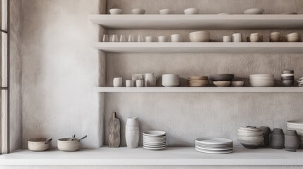 Poster - Scandinavian-style kitchen featuring minimalist design with sleek white surfaces and organized dishware for a serene atmosphere
