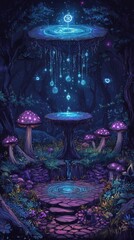 Poster - Magical mystical forest clearing with floating islands and mushrooms