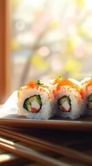 Poster - Close-up of vibrant sushi rolls arranged beautifully on a plate with soft natural light streaming through a window