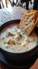 Poster - Close-up of creamy soup with herbs and toasted bread on wooden table
