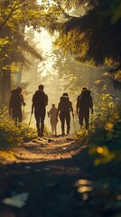 Poster - Group of hikers walking through a sunlit forest trail during early morning hours