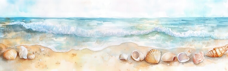 Poster - Beautiful watercolor beach scene with seashells adorning the sandy shore and gentle ocean waves under a clear sky