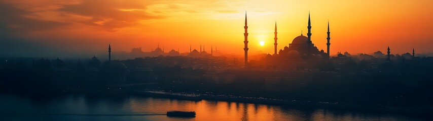 Aufkleber - Breathtaking sunset view of the iconic silhouette of the Blue Mosque with its distinctive domes and minarets reflecting in the calm waters of Istanbul Turkey  A stunning
