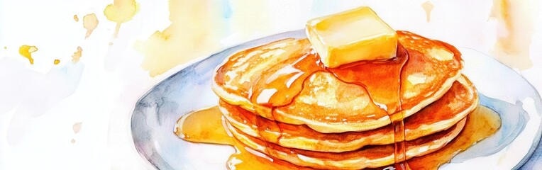 Poster - Delicious fluffy pancakes drizzled with syrup and topped with butter on a watercolor background
