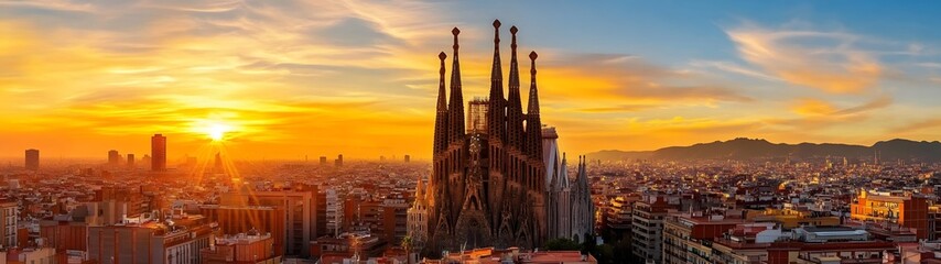 Aufkleber - Breathtaking sunset view over the iconic and magnificent Sagrada Familia cathedral a famous landmark of Barcelona Spain