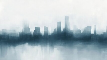 Poster - Soft abstract silhouette of a city skyline blending into fog with reflection in serene waters at dawn