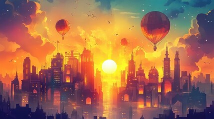 Wall Mural - City skyline silhouettes against a vibrant sunset sky artwork