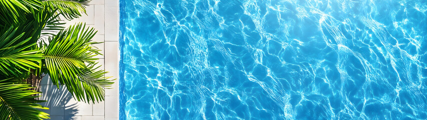 Poster - Breathtaking tropical swimming pool scene with lush verdant palm trees framing the serene turquoise blue waters that perfectly reflect the clear azure sky above  This idyllic