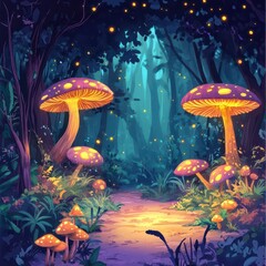 Poster - Enchanted forest landscape with glowing mushrooms and fireflies