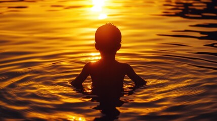 Poster - Child glows in golden sunlight while playing in water during sunset