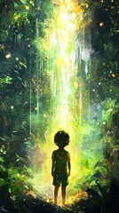 Aufkleber - Child illuminated by vibrant light in a lush forest at sunset amid cascading greenery