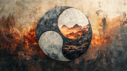 Poster - Textured yin yang symbol displays landscape of mountains and fire