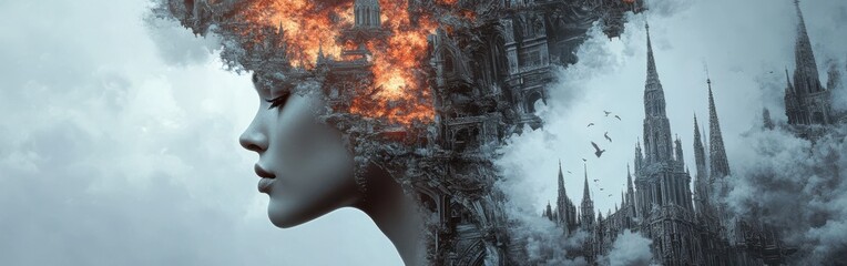 Aufkleber - Surreal representation of a glowing woman interwoven with fiery and architectural elements in a dreamlike landscape