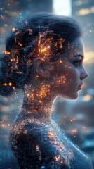 Aufkleber - Surreal representation of a glowing woman with vibrant lights against a dreamy urban backdrop at dusk
