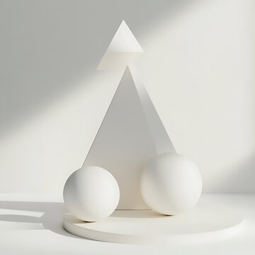 Abstract composition featuring geometric shapes including a triangle and spheres, all rendered in a minimalist white setting