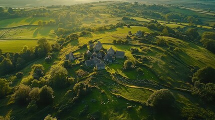 Poster - Stunning drone view captures the expansive beauty of rolling countryside with quaint village in the background