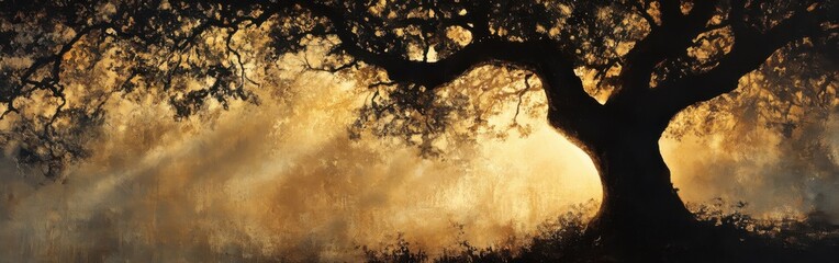 Aufkleber - Serene silhouette of a tree glowing against a warm golden background during sunset hours