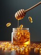 © Seree  - Honey Infused Supplements - Golden capsules submerged in honey, a wooden honey dipper drips more honey into the jar. Healthy and delicious