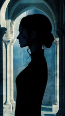 Poster - Portrait of a serene woman illuminated by soft light in an elegant stone archway