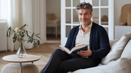 Poster - Serene middle-aged man reading a book while sitting cross-legged in a cozy living room