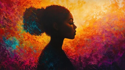 Poster - Serene portrait of a woman glowing against a vibrant abstract background at sunset