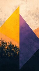 Poster - Radiant geometric layout featuring vibrant triangles and a silhouetted forest at sunset